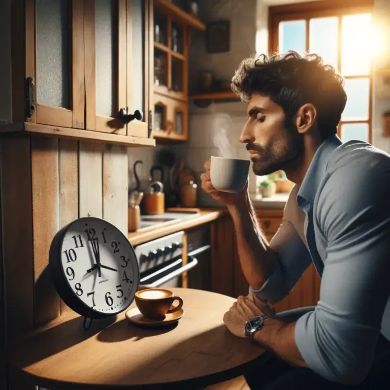 A Middle-Eastern man in his 30s, with short curly hair and a light beard, standing in a rustic kitchen, looking at a wall clock showing 7:00 am, next to a table with a steaming cup of coffee, symbolizing a 60-minute wait