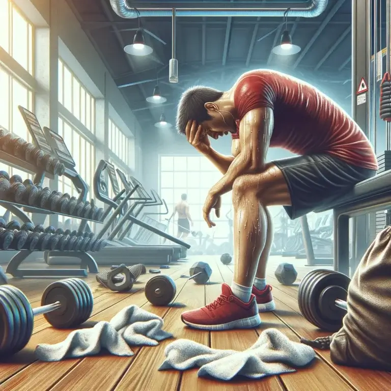 A man in a gym visibly exhausted and overwhelmed, surrounded by weights and gym equipment, showcasing the negative effects of overtraining.