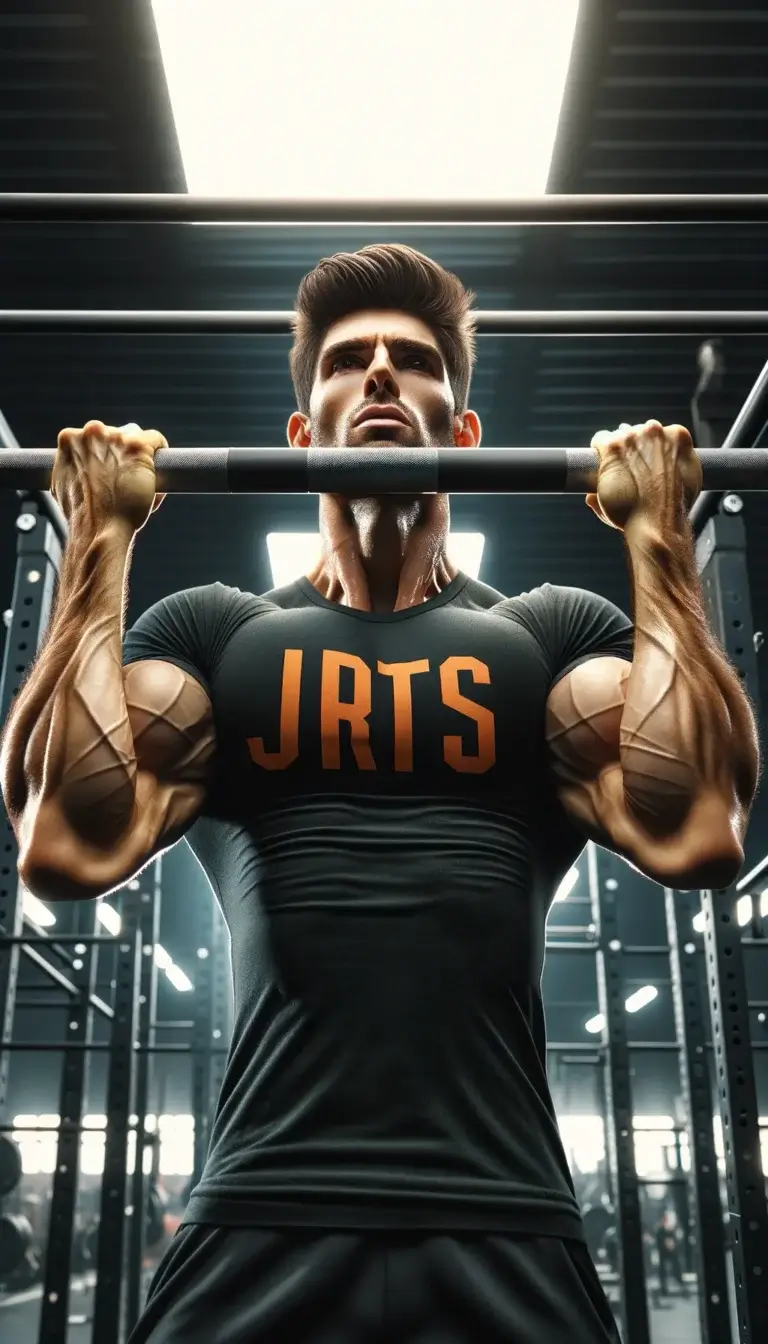 Man in black t-shirt with 'JRTS' logo doing his first chin-up in a gym, showcasing determination and muscular effort under bright gym lights.