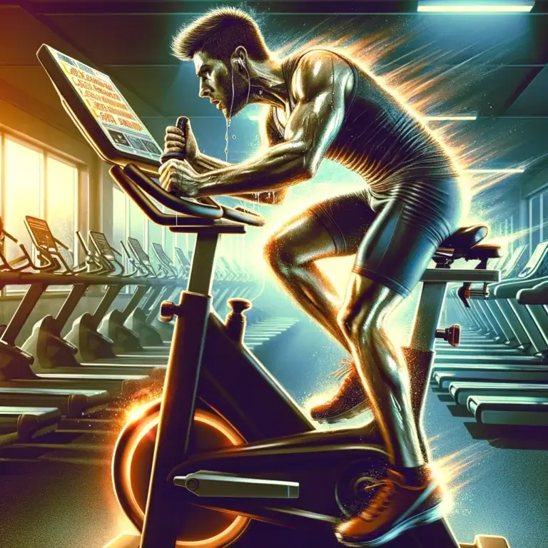 A person performing high-intensity interval sprints on a stationary bike in a gym, visibly sweating, with a focus on the effort and the bike's interval settings display.