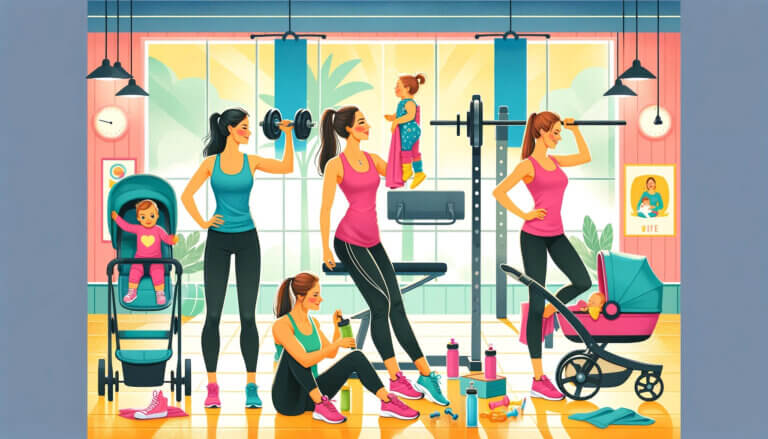 Group of moms in a gym working out and lifting weights, balancing motherhood and fitness.