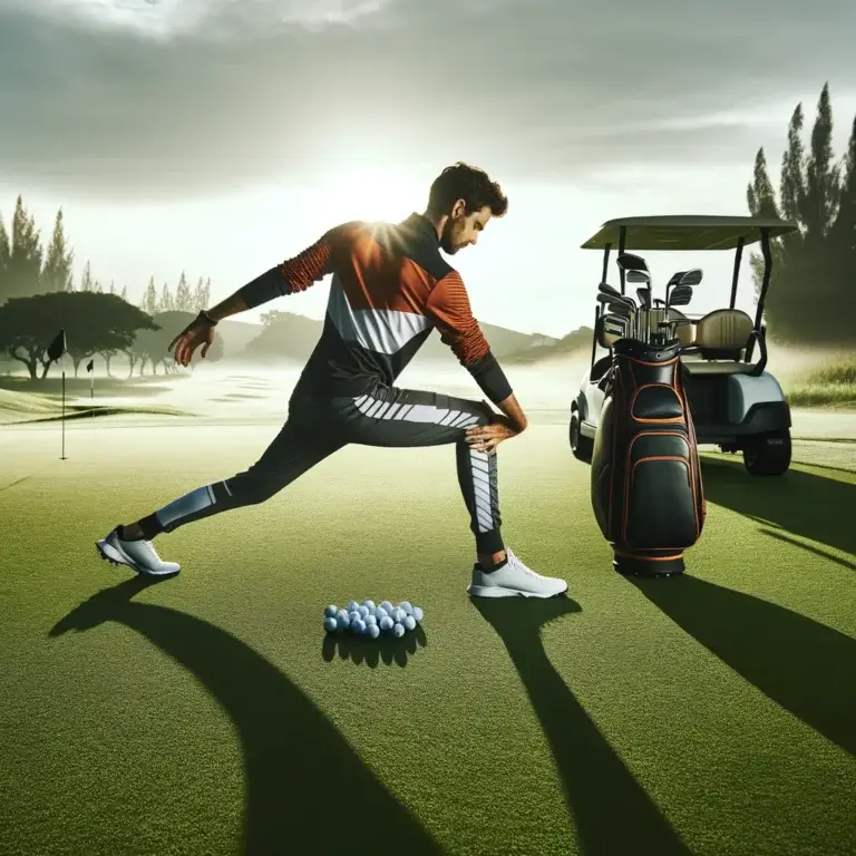 A man in orange, white, and black golf attire stretches on a green golf course at dawn, with golf bags and a cart in the background.