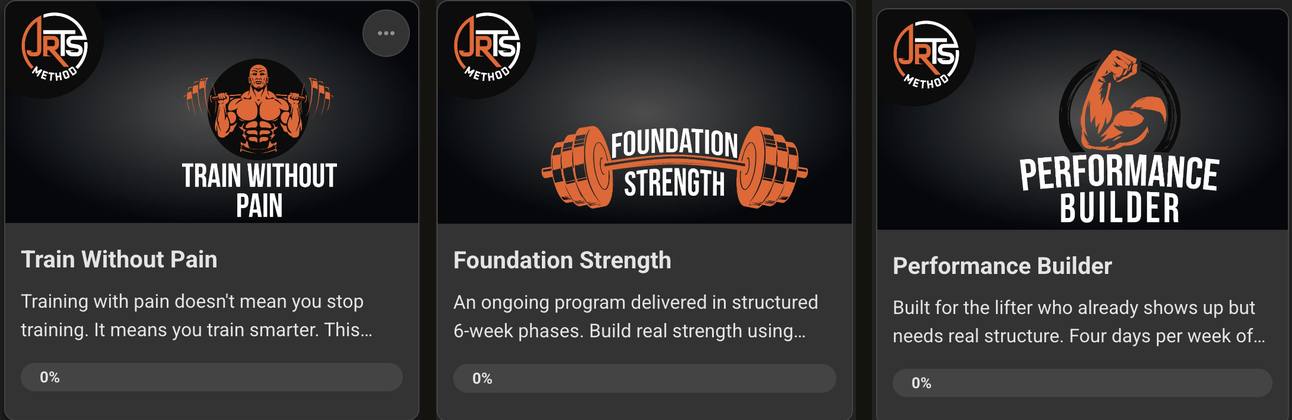 The three JRTS Method training tracks inside the community: Train Without Pain, Foundation Strength, and Performance Builder